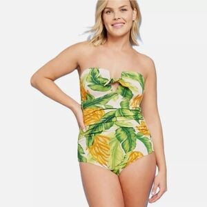 Kona Sol Banana Leaf Print One-Piece Swimsuit Small Strapless Full Coverage